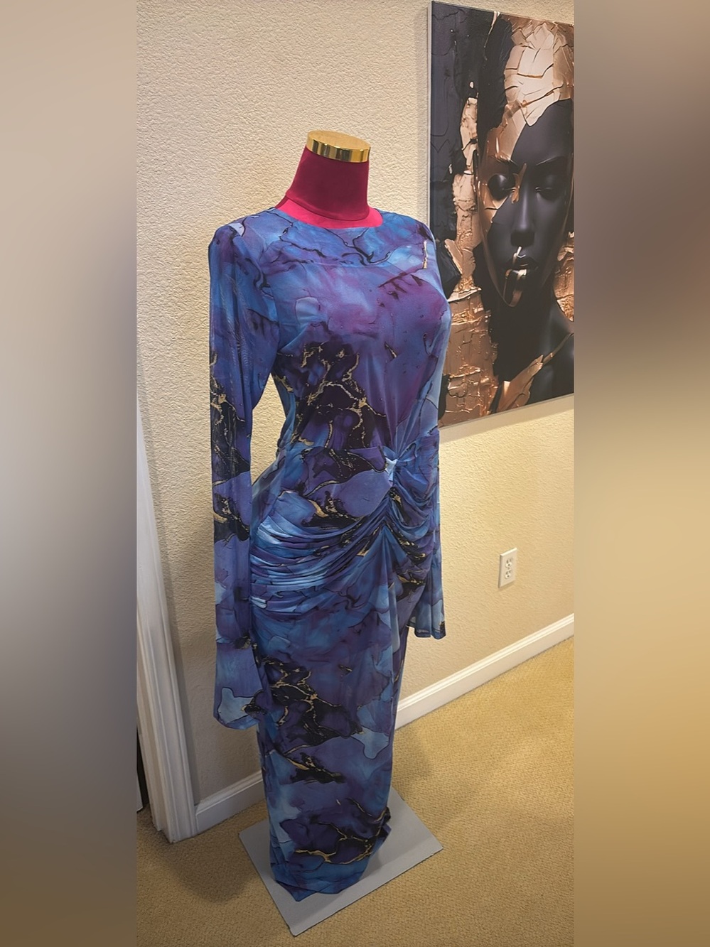 Blue Marble-Print Long Sleeve Maxi Dress